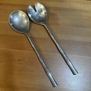 Vintage Italian Bamboo Salad Servers Silverplate Rustic MCM Patina